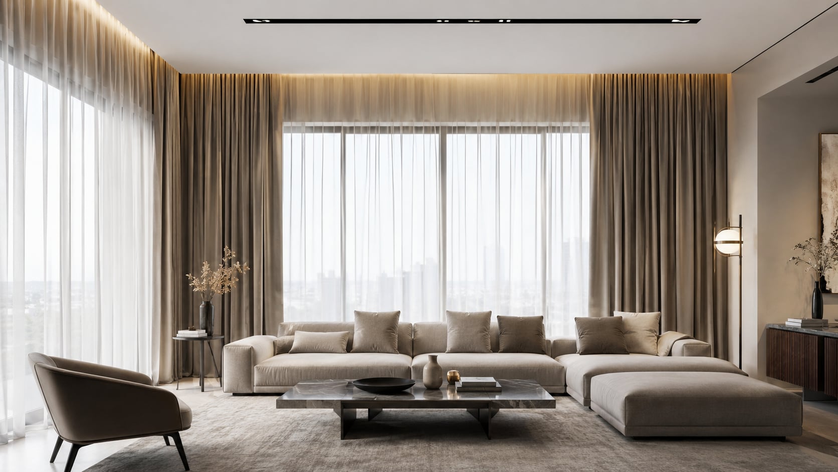 Floor-to-ceiling custom drapery and sheer curtains in a luxury Jacksonville living room